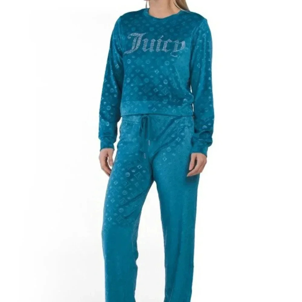 2pc Velvet Fleece Crew Neck Wide Leg Lounge Set With Rhinestones (Color:Multi)